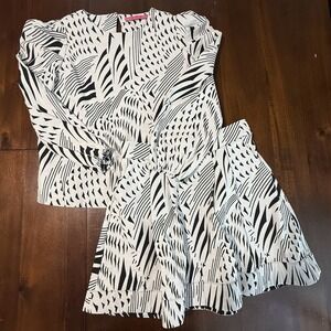 BURU Womens Skirt Set Size L Black White Puff Sleeve Top Skirt Preppy Palm Beach